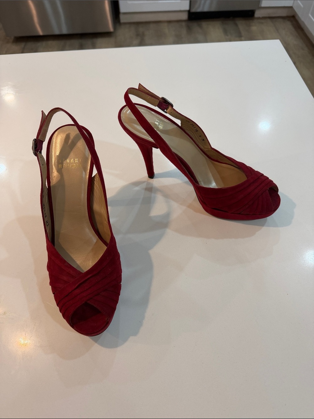 Stuart Weitzman Red Suede Peep-Toe Slingback 👠 vintage Y2K